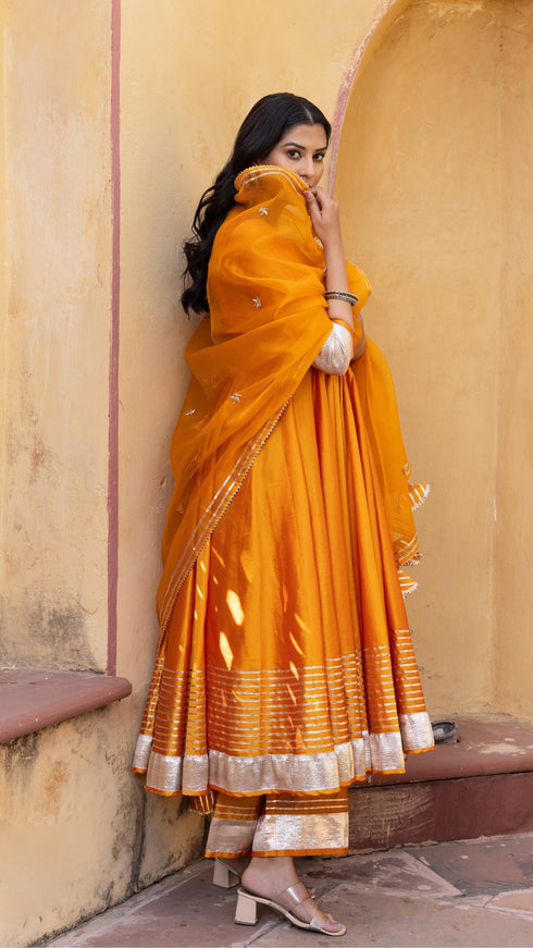 Pomcha Jaipur Amber Orange Taffeta Silk Anarkali Set